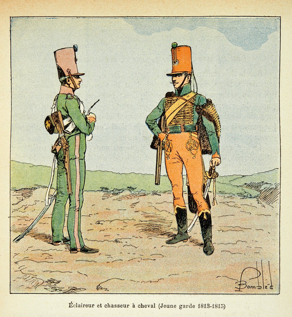 Illustrasjon av bombet Louis (1862-1927) fra boken "The Memorial of Saint Helene" av grev Emmanuel de Las Cases (1766-1842): Armee Francaise: Speider og jeger av den unge garde 1813 - 1815, Privat samling av Louis Charles Bombled