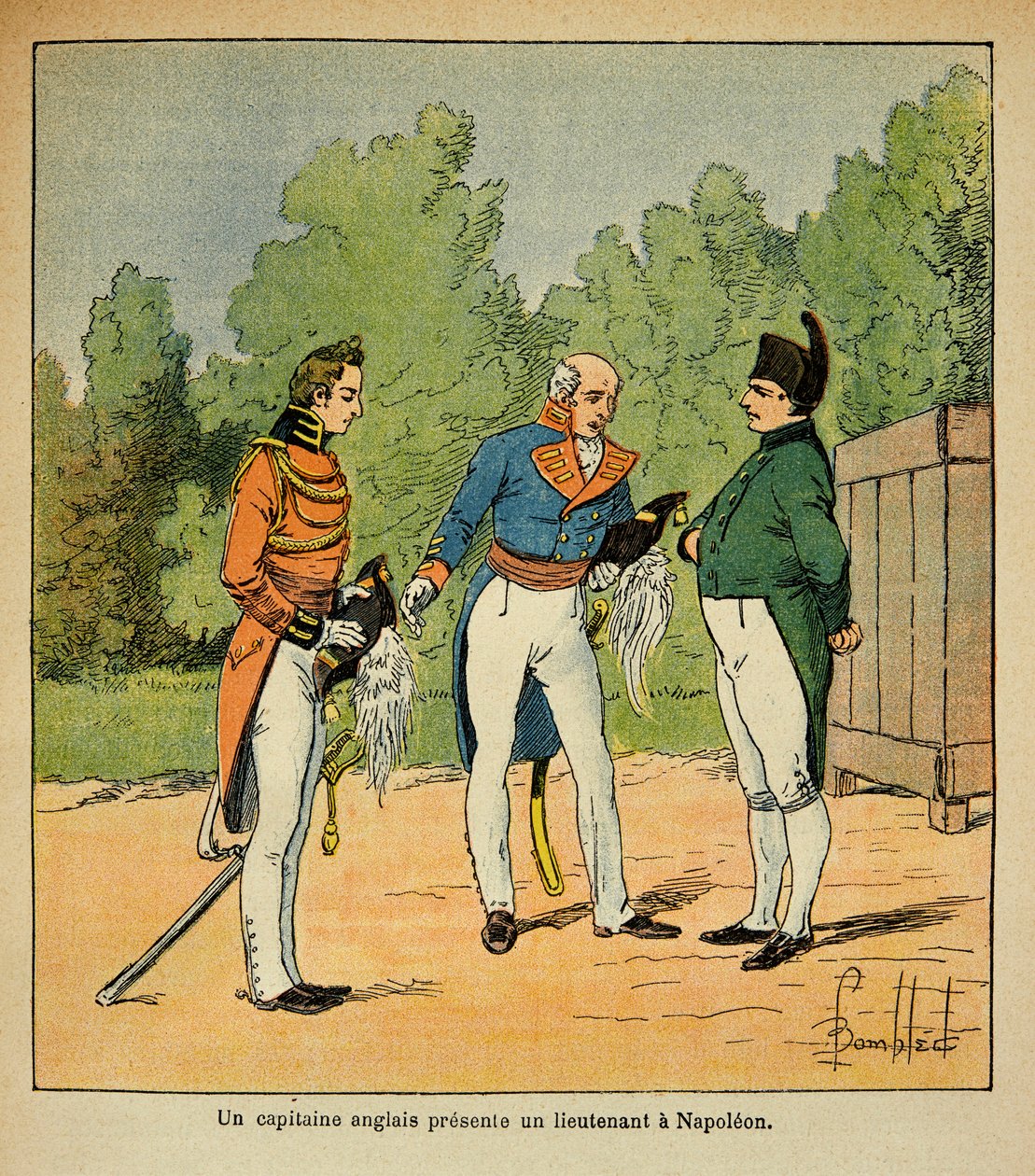 Illustrasjon av bombet Louis (1862-1927) fra boken "The Memorial of Saint Helene" av grev Emmanuel de Las Cases (1766-1842): Til St. Helene, en engelsk kaptein presenterte en løytnant for keiser Napoleon, privat samling av Louis Charles Bombled