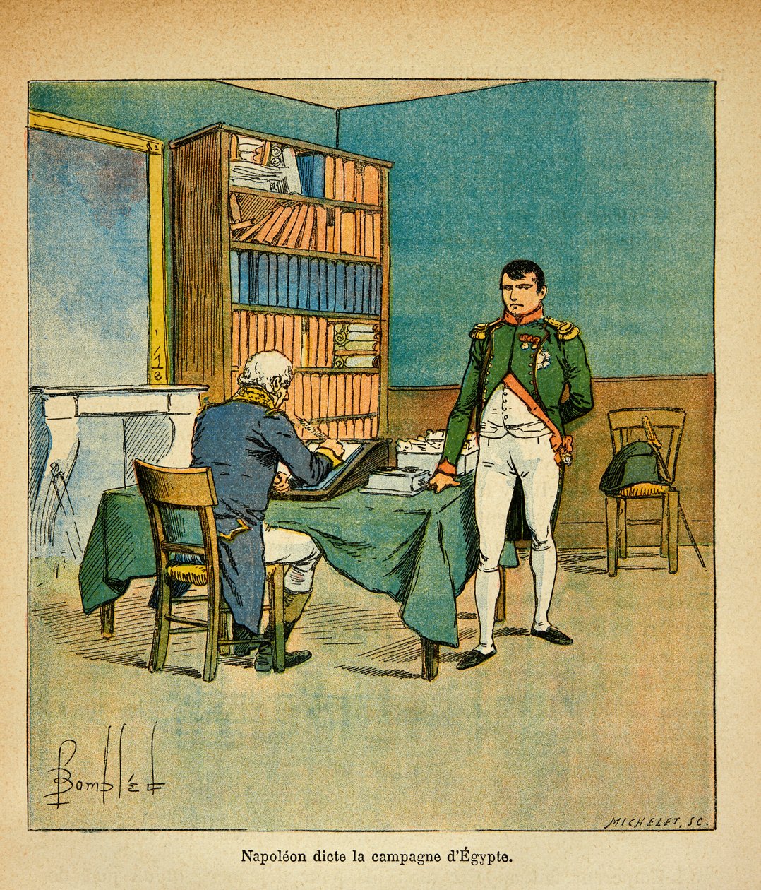 Illustrasjon av bombet Louis (1862-1927) fra boken "The Memorial of Saint Helene" av grev Emmanuel de Las Cases (1766-1842): I eksil dikterer keiser Napoleon sine minnesmerker til den store marekalen Henri Gatien Bertrand (1773-1844) ) på den egyptiske cou av Louis Charles Bombled