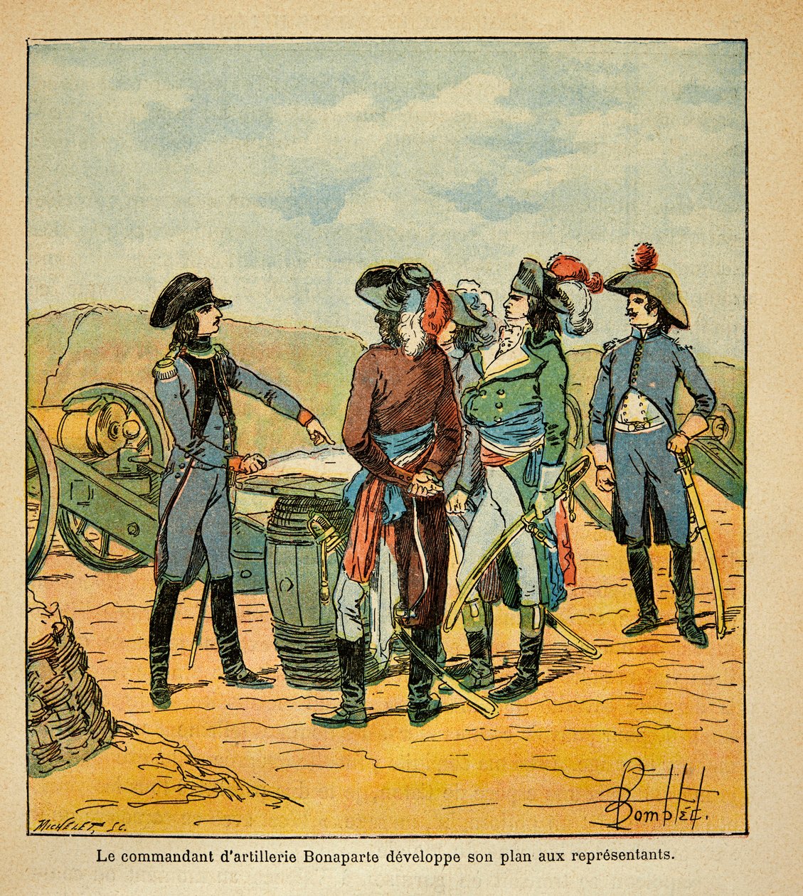 Illustrasjon av bombet Louis (1862-1927) fra boken "The Memorial of Saint Helene" av grev Emmanuel de Las Cases (1766-1842): Napoleon Bonaparte avslører planen sin om å ta Toulon til kommisjonærene for republikken, privat samling av Louis Charles Bombled