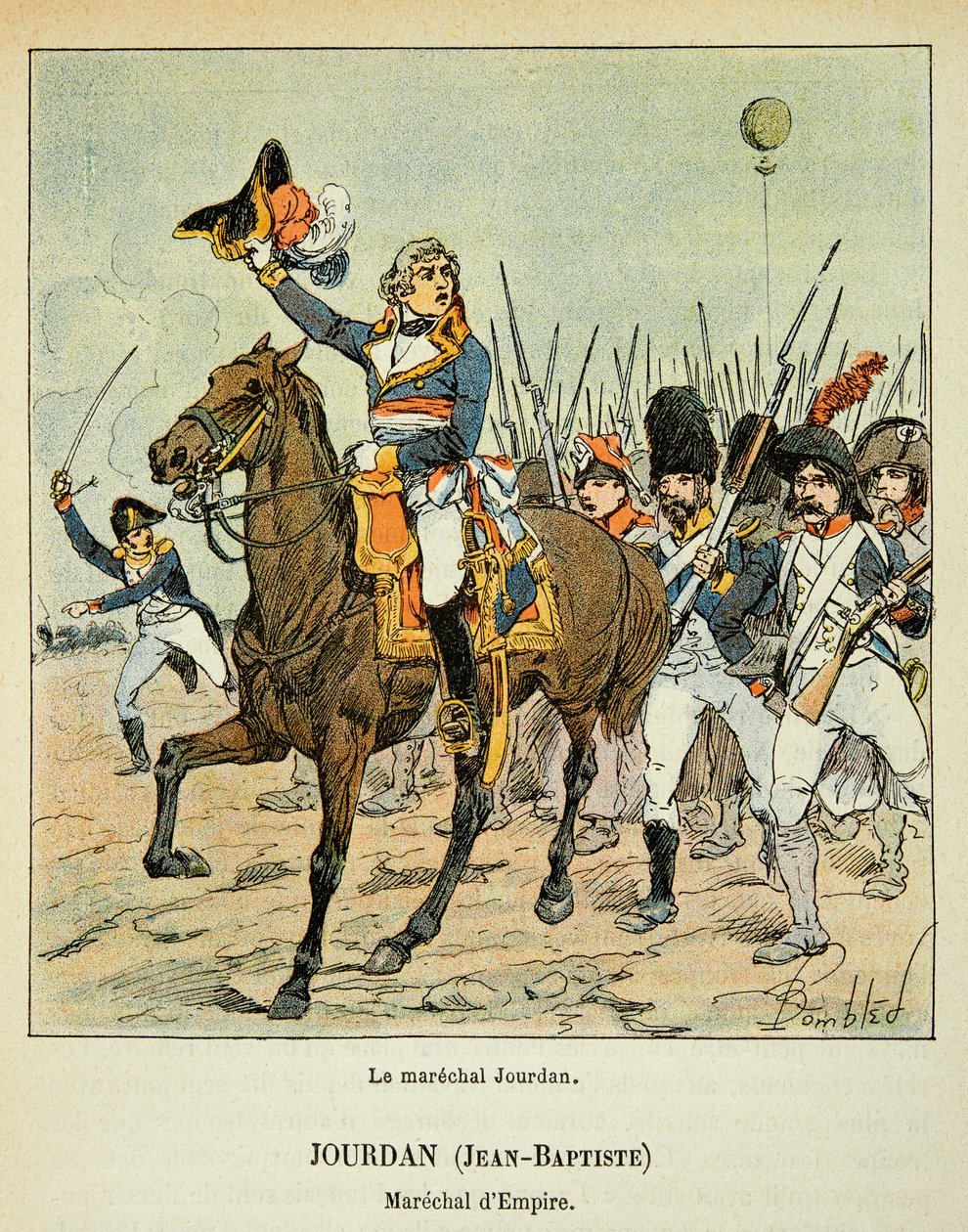 Illustrasjon av bombet Louis (1862-1927) fra boken "The Memorial of Saint Helene" av grev Emmanuel de Las Cases (1766-1842): Marechal Jean Baptiste Jourdan (1762-1833) i spissen for troppene hans, privat samling av Louis Charles Bombled