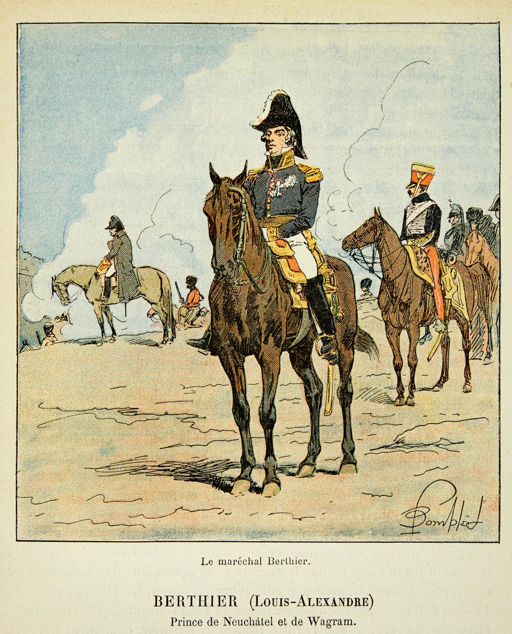 Illustrasjon av bombet Louis (1862-1927) fra boken "The Memorial of Saint Helene" av grev Emmanuel de Las Cases (1766-1842): Rytterportrett av marekalen Louis Alexandre Berthier (1753-1815), prins av Neufchatel og av Wagram, Private Collect av Louis Charles Bombled