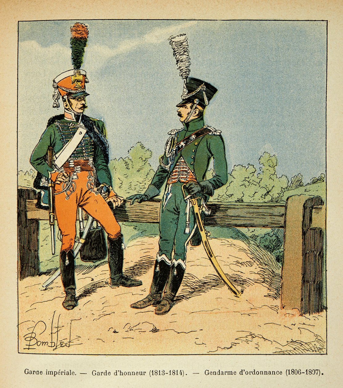 Illustrasjon av bombet Louis (1862-1927) fra boken "The Memorial of Saint Helene" av grev Emmanuel de Las Cases (1766-1842): The Imperial Guard: Guard of Honor (1813 - 1814) and Constable of Ordinance (1806 - 1807), Privat samling av Louis Charles Bombled
