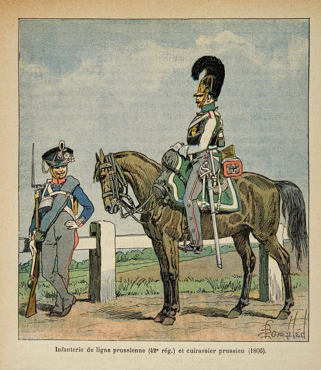Illustrasjon av bombet Louis (1862-1927) fra boken "The Memorial of Saint Helene" av grev Emmanuel de Las Cases (1766-1842): Infanteri av den prøyssiske linjen (42, eme regiment) og prøyssiske slagskip av Louis Charles Bombled