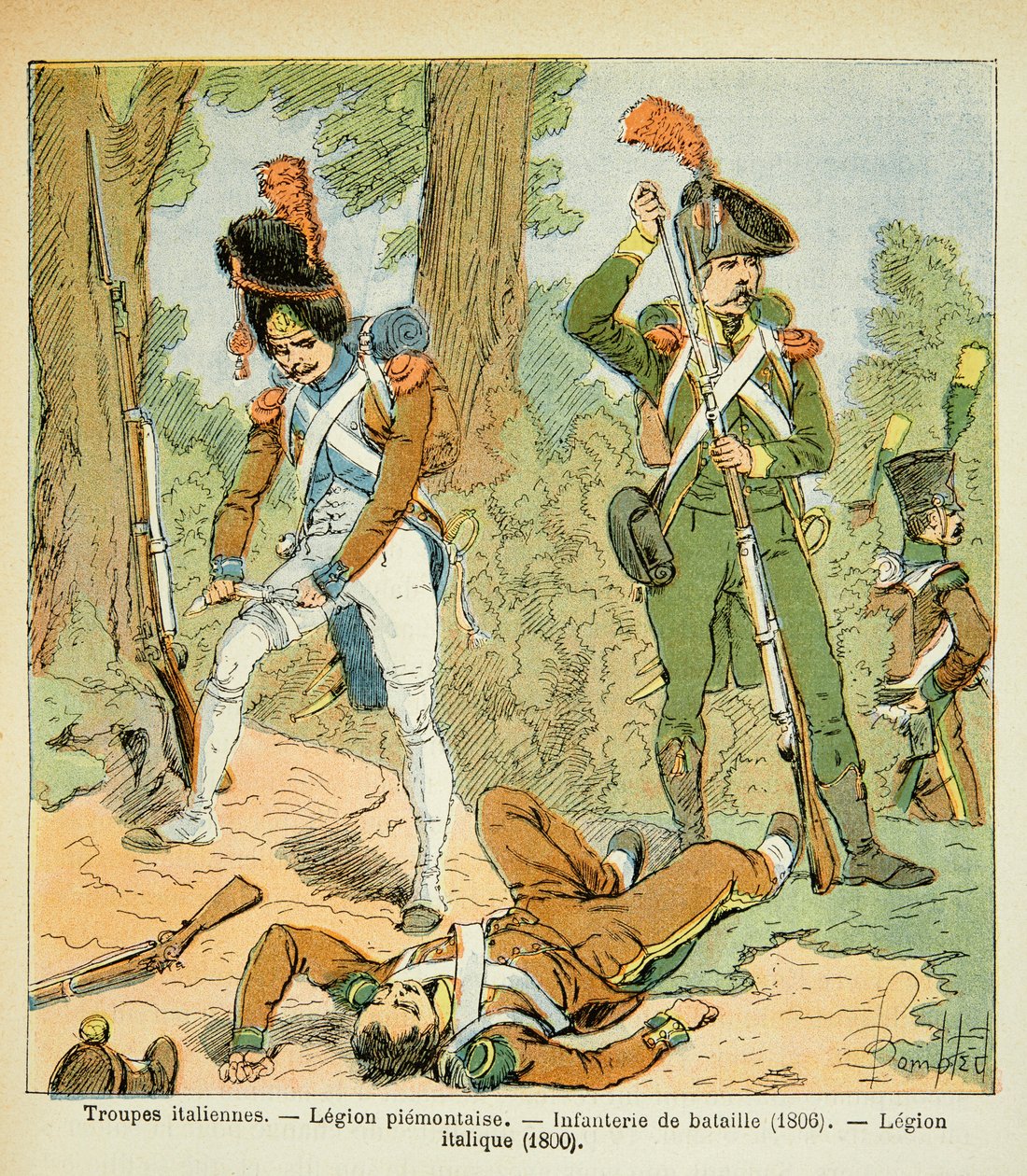 Illustrasjon av bombet Louis (1862-1927) fra boken "The Memorial of Saint Helene" av grev Emmanuel de Las Cases (1766-1842): Italienske tropper, Piemontaise Legion: Battle Infantry (1806, Italic Legion (1800), privat samling av Louis Charles Bombled