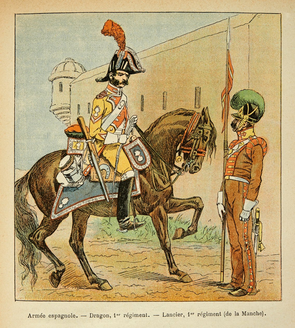 Illustrasjon av bombet Louis (1862-1927) fra boken "The Memorial of Saint Helene" av grev Emmanuel de Las Cases (1766-1842): Spanish Armee: Dragon of the 1st Regiment and Lancier of the 1st Regiment of the Channel, Private Samling av Louis Charles Bombled