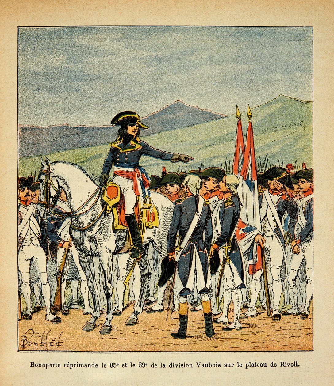 Illustrasjon av bombet Louis (1862-1927) fra boken "The Memorial of Saint Helene" av grev Emmanuel de Las Cases (1766-1842): Bonaparte irettesetter det 85. og 39. Vaubois-regimentet på platået i Rivoli, privat samling av Louis Charles Bombled