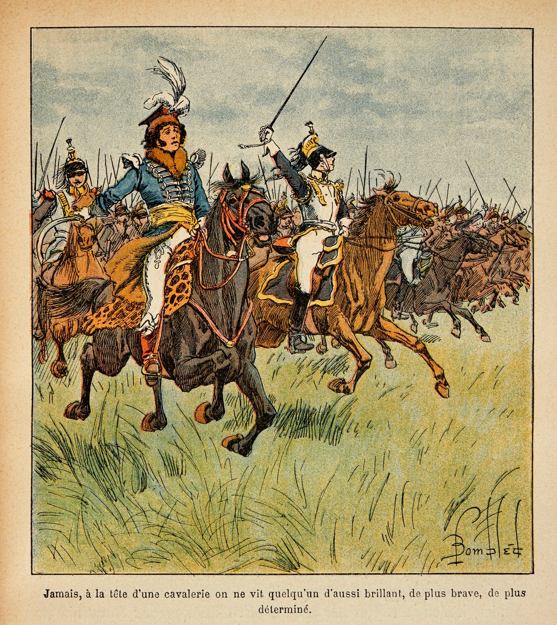 Illustrasjon av bombet Louis (1862-1927) fra boken "The Memorial of Saint Helene" av grev Emmanuel de Las Cases (1766-1842): Joachim Murat (1767-1815) laster i spissen for kavaleriet sitt, privat samling av Louis Charles Bombled