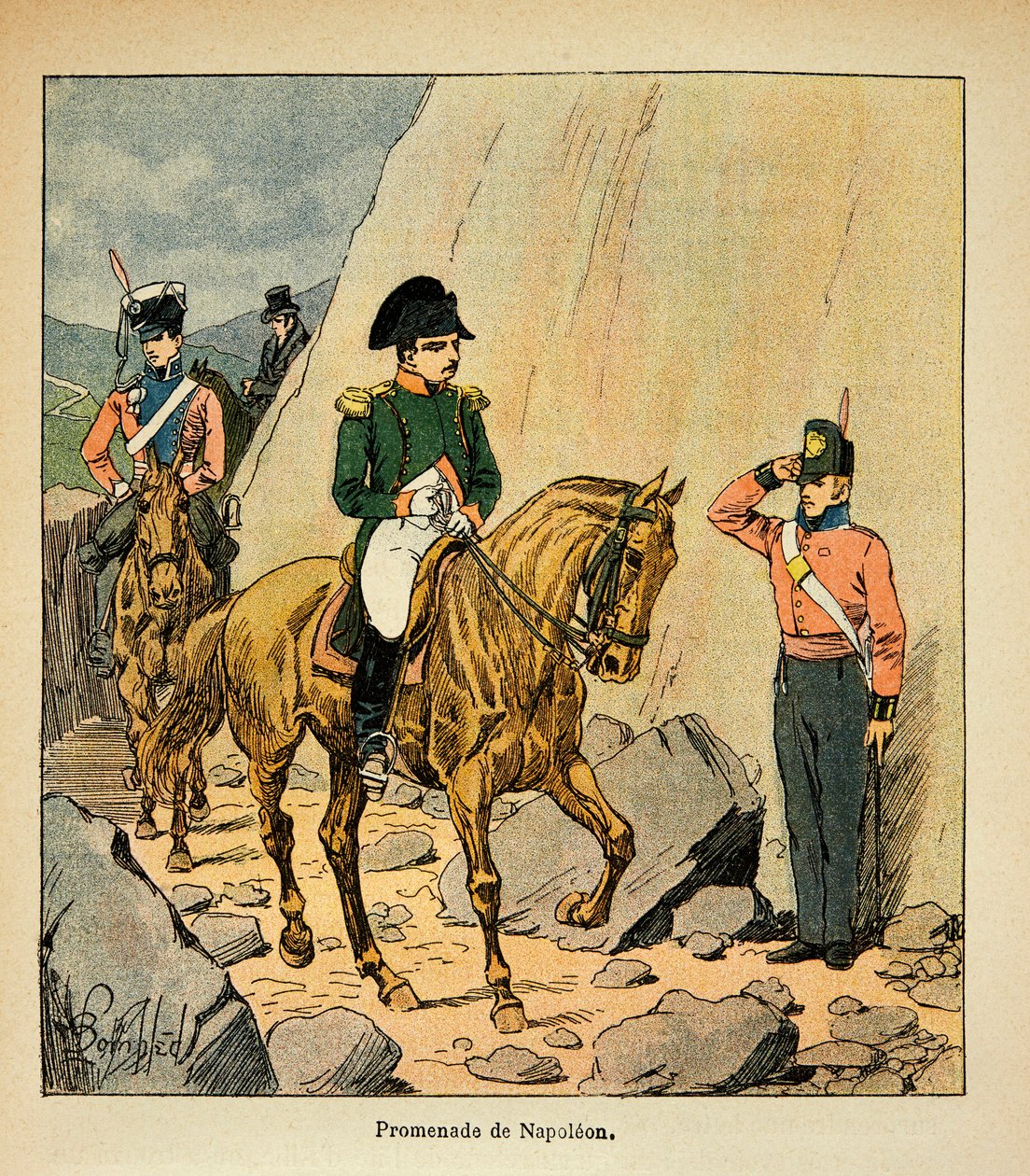 Illustrasjon av bombet Louis (1862-1927) fra boken "The Memorial of Saint Helene" av grev Emmanuel de Las Cases (1766-1842): Promenade of the Emperor Napoleon to St. Helene, Private Collection av Louis Charles Bombled