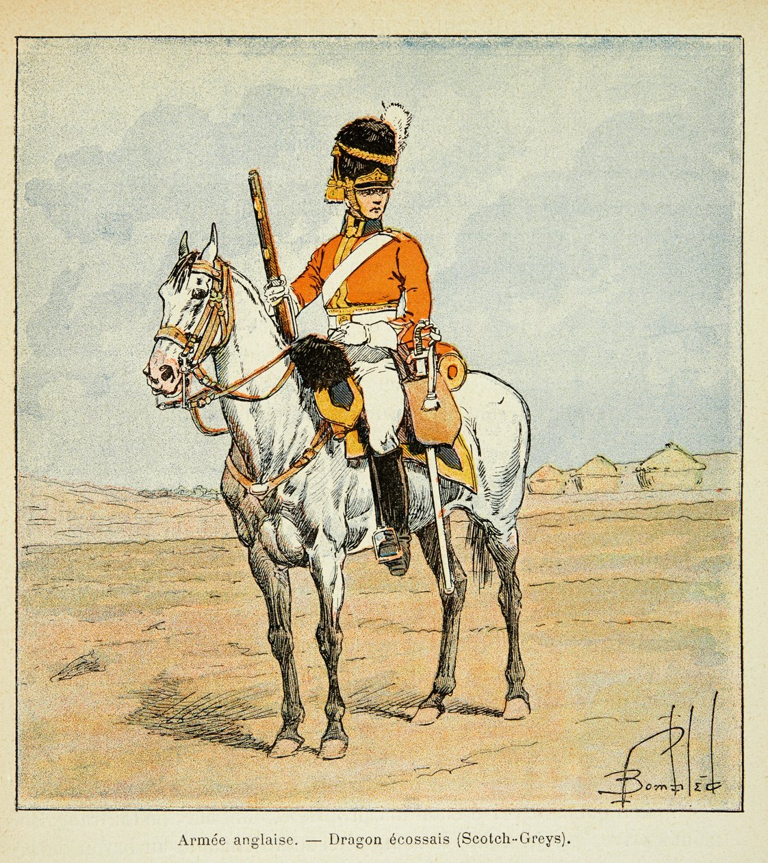 Illustrasjon av bombet Louis (1862-1927) fra boken "The Memorial of Saint Helene" av grev Emmanuel de Las Cases (1766-1842): English Armee: Scottish Dragons (scotch greys), privat samling av Louis Charles Bombled