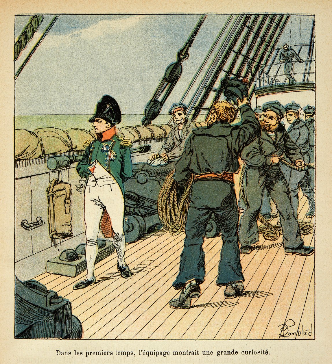 Illustrasjon av bombet Louis (1862-1927) fra boken "The Memorial of Saint Helene" av grev Emmanuel de Las Cases (1766-1842): Napoleon på vei til St. Helene ombord på Northumberland tiltrekker seg sympati fra mannskapet, Private Collection av Louis Charles Bombled
