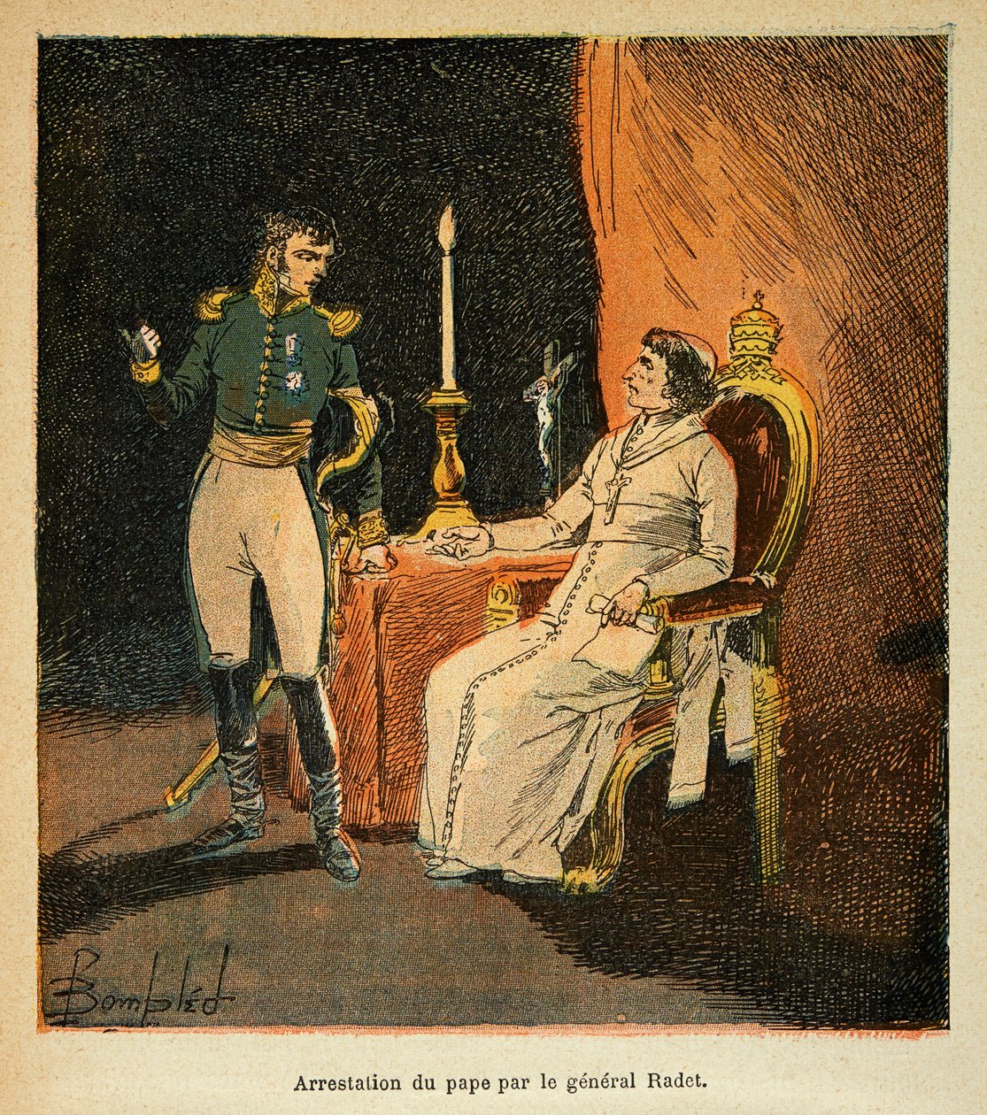 Illustrasjon av bombet Louis (1862-1927) fra boken "The Memorial of Saint Helene" av grev Emmanuel de Las Cases (1766-1842): arrestasjon av pave Pius VII av general Stephen Radet (1762-1825) i 1809, privat samling av Louis Charles Bombled
