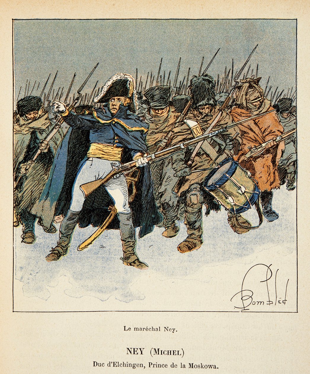 Illustrasjon av bombet Louis (1862-1927) fra boken "The Memorial of St. Helene" av grev Emmanuel de Las Cases (1766-1842): Portrett av marechal Michel Ney (1769-1815), hertug av Elchingen, prins av Moskova , under Russlands retrett, Private Collec av Louis Charles Bombled