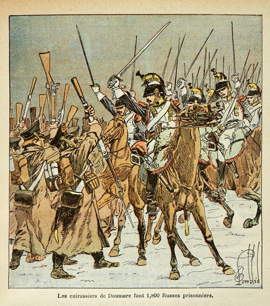 Illustrasjon av bombet Louis (1862-1927) fra boken "The Memorial of St. Helene" av grev Emmanuel de Las Cases (1766-1842): Oberst Doumeres 9. regiment av slagskip tok 1800 russere til fange under det russiske felttoget, Privat samling av Louis Charles Bombled