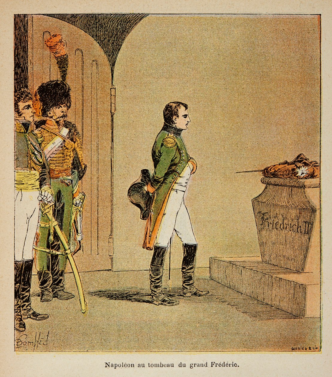 Illustrasjon av bombet Louis (1862-1927) fra boken «The Memorial of St. Helene» av grev Emmanuel de Las Cases (1766-1842): Napoleon mediterer på kisten til Frederic II av Preussen i krypten til GarnisonKirche i Potsdam i 1806, Private Collecti av Louis Charles Bombled