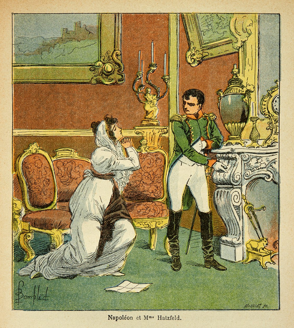 Illustrasjon av bombet Louis (1862-1927) fra boken "The Memorial of St. Helene" av grev Emmanuel de Las Cases (1766-1842): Clemence of Emperor Napoleon into the Princess of Hatzfeld, som ber om nåden til mannen sin , Privat samling av Louis Charles Bombled