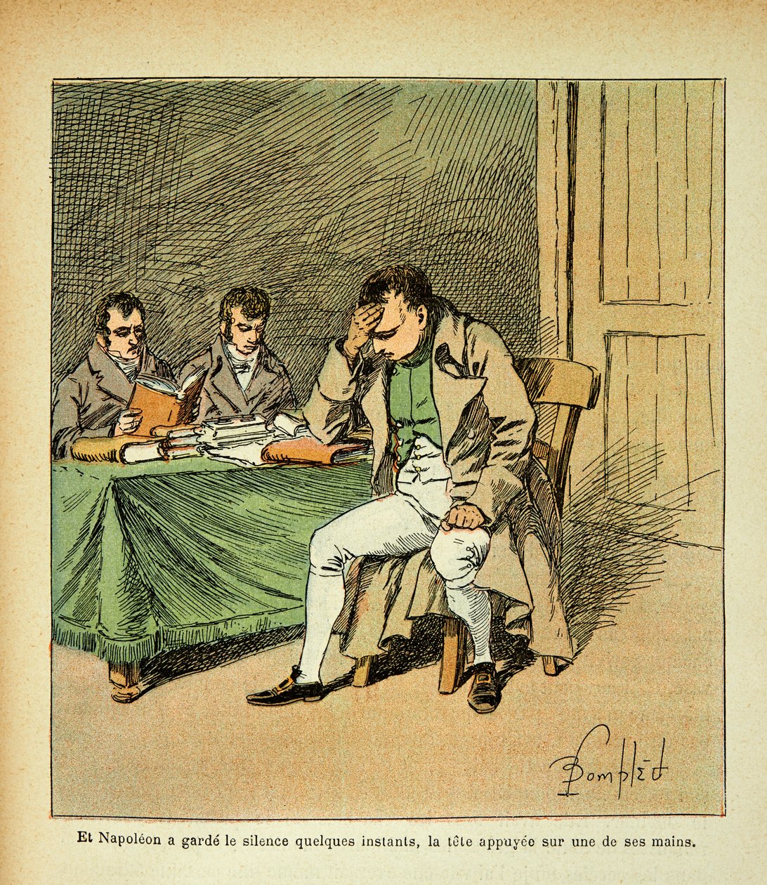 Illustrasjon av bombet Louis (1862-1927) fra boken "The memorial se Sainte Helene" av grev Emmanuel de Las Cases (1766-1842): Keiser Napoleon mediterer i reaksjonen til minnesmerkene hans, Privat samling av Louis Charles Bombled