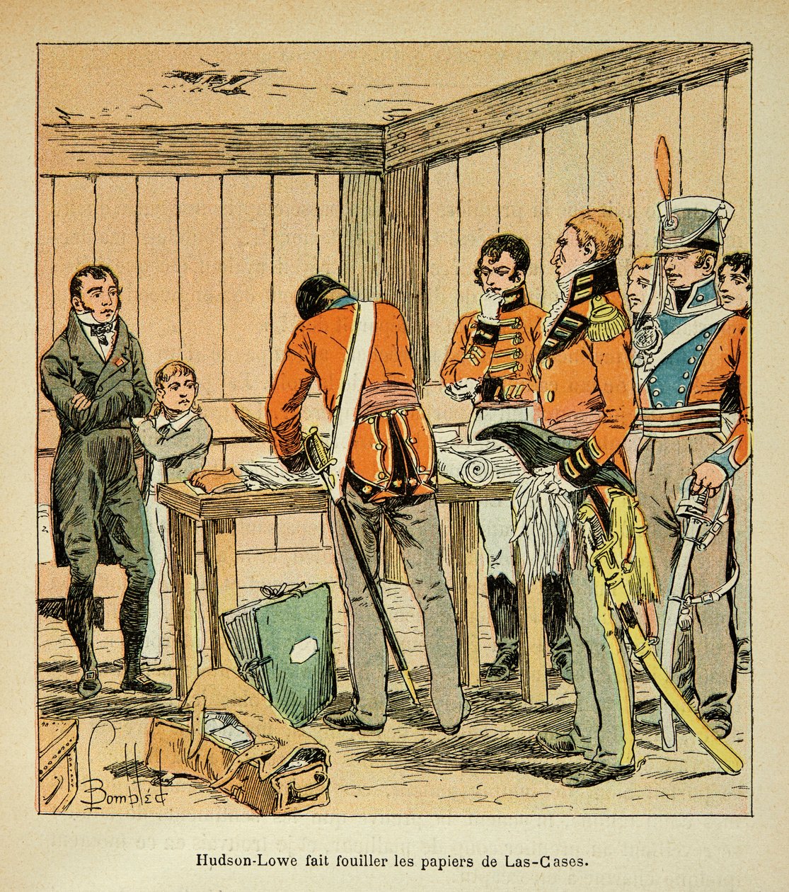 Illustrasjon av Bombled Louis (1862-1927) fra boken "The memorial se Sainte Helene" av grev Emmanuel de Las Cases (1766-1842): Hudson Lowe (1769-1844) søker etter papirene til Las Cases, privat samling av Louis Charles Bombled