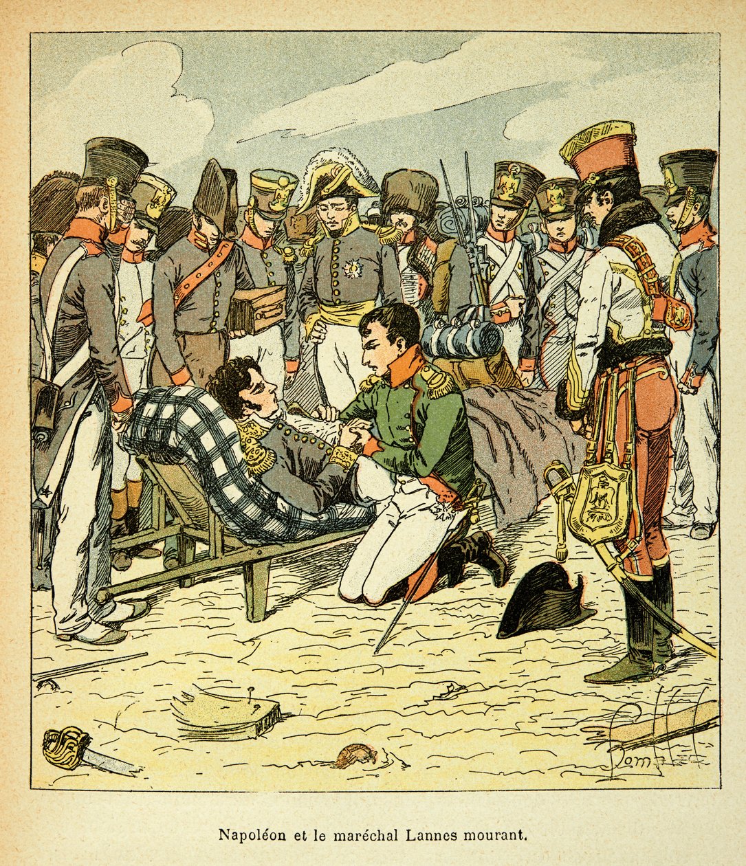 Illustrasjon av bombet Louis (1862-1927) fra boken "The memorial se Sainte Helene" av grev Emmanuel de Las Cases (1766-1842): Death of Marechal Jean Lannes (1769-1809), The Emperor Napoleon has his Cotes, Private Samling av Louis Charles Bombled