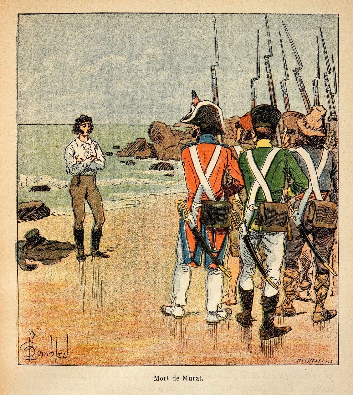 Illustrasjon av bombet Louis (1862-1927) fra boken "The memorial se Sainte Helene" av grev Emmanuel de Las Cases (1766-1842): Death of Joachim Murat (1767-1815), privat samling av Louis Charles Bombled