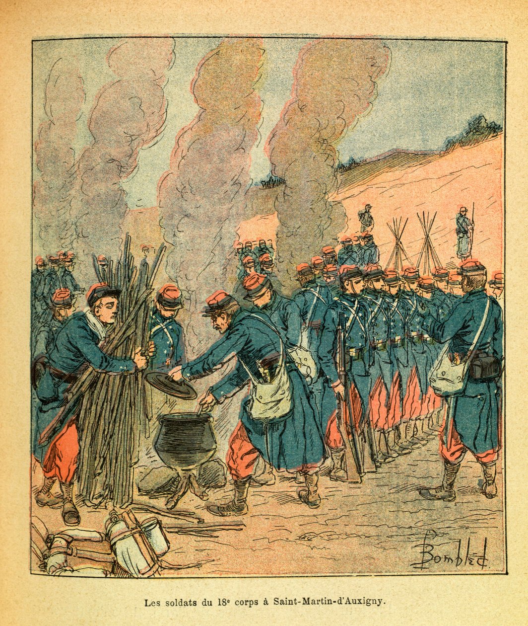 The Army of the East av Eugene Sergeant, dit Grenest, illustrert av Louis Bombled (1862-1927) (fransk-tyske krig; kampanje 1870 -1871): Soldatene fra det 18. korps ved Saint Martin d