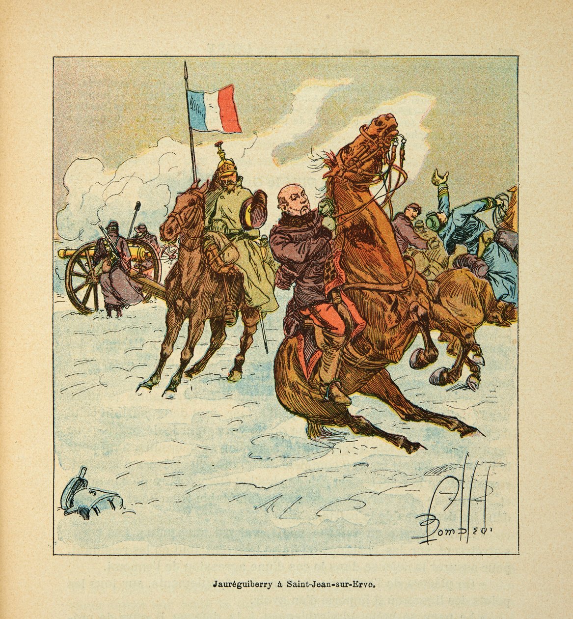 L'Armee de la Loire av Eugene Sergent, dit Grenest, illustrert av Louis Bombled (1862-1927) (fransk-tyske krig; kampanje 1870 -1871): Admiral Jean Bernard Jaureguiberry (1815-1887) ved Saint Jean sur Evre i januar 1871, Privat samling av Louis Charles Bombled