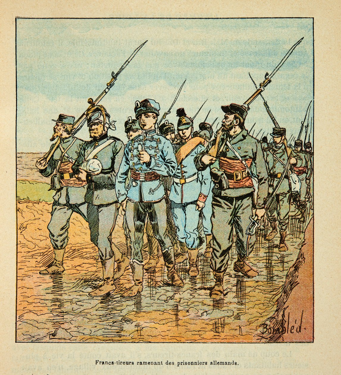 The Army of the Loire av Eugene Sergent, dit Grenest, illustrert av Louis Bombled (1862-1927) (fransk-tyske krig; kampanje 1870-1871): Freesinchers bringer tilbake tyske fanger i oktober 1870, privat samling av Louis Charles Bombled