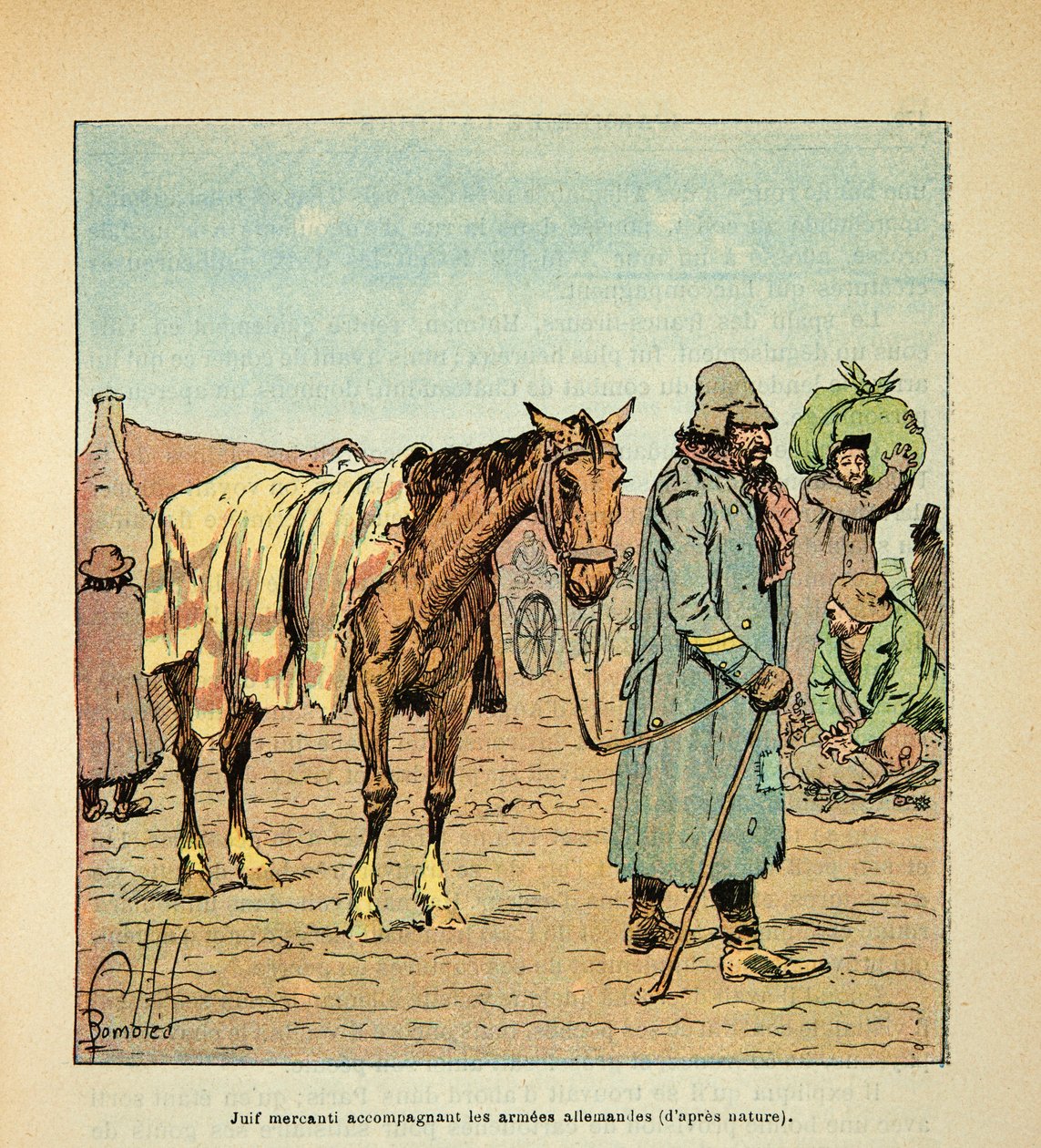 L'Armee de la Loire av Eugene Sergent, dit Grenest, illustrert av Louis Bombled (1862-1927) (fransk-tyske krig; kampanje 1870-1871): Mercanti-jøde som fulgte tyske tropper under krigen i 1870, privat samling av Louis Charles Bombled