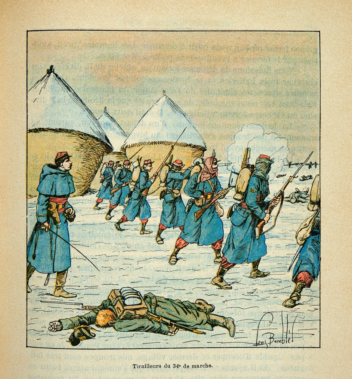 The Army of the Loire av Eugene Sergent, dit Grenest, illustrert av Louis Bombled (1862-1927) (fransk-tyske krig; kampanje 1870 -1871): Tirailleurs du 34, eme de marche aux combats de Poupry i desember 1870, Delvis samling av Louis Charles Bombled