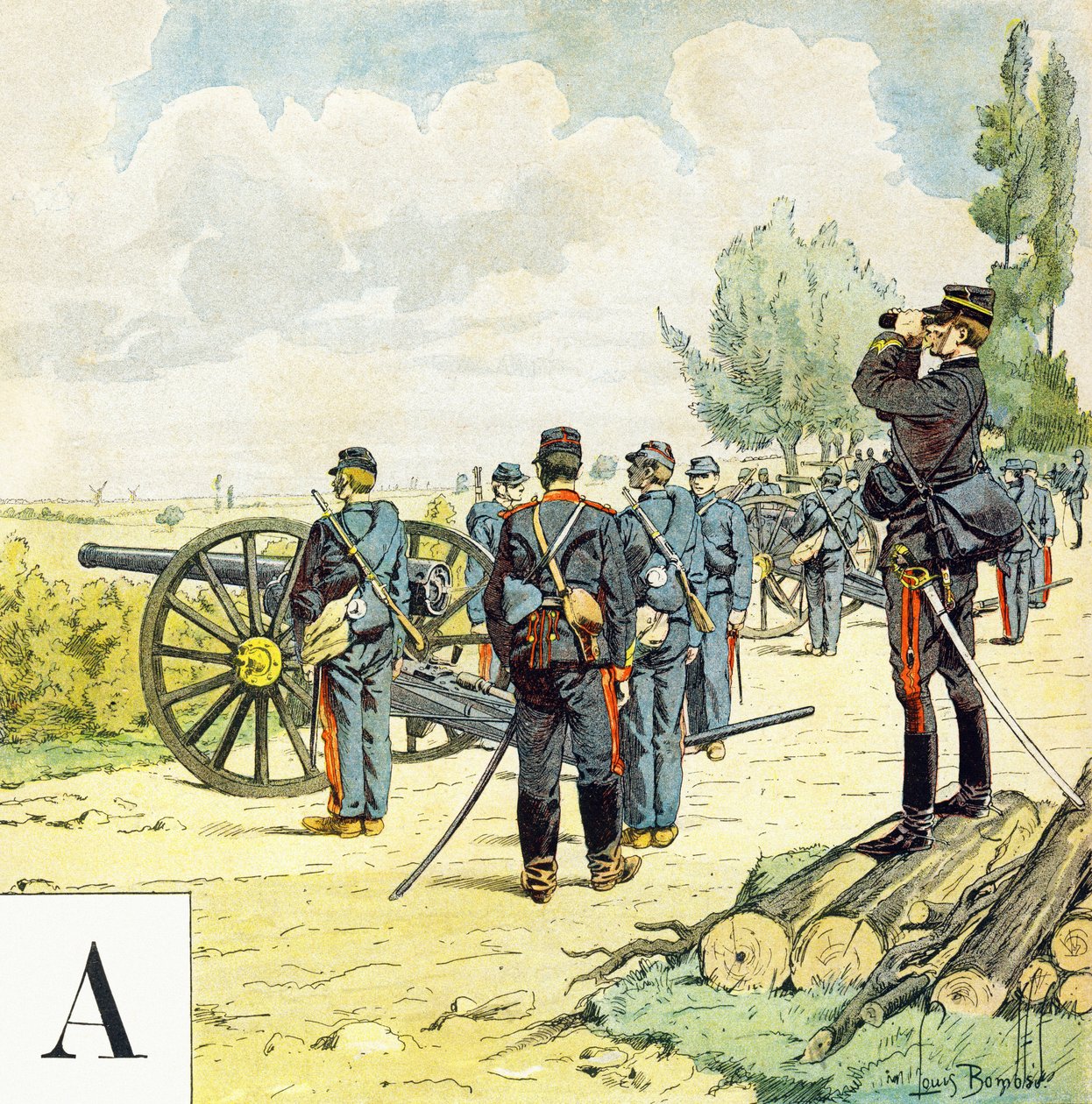 Bokstav A: Gunners, "Je serai soldat" (Jeg vil være en soldat) - Militært alfabet av Louis Charles Bombled