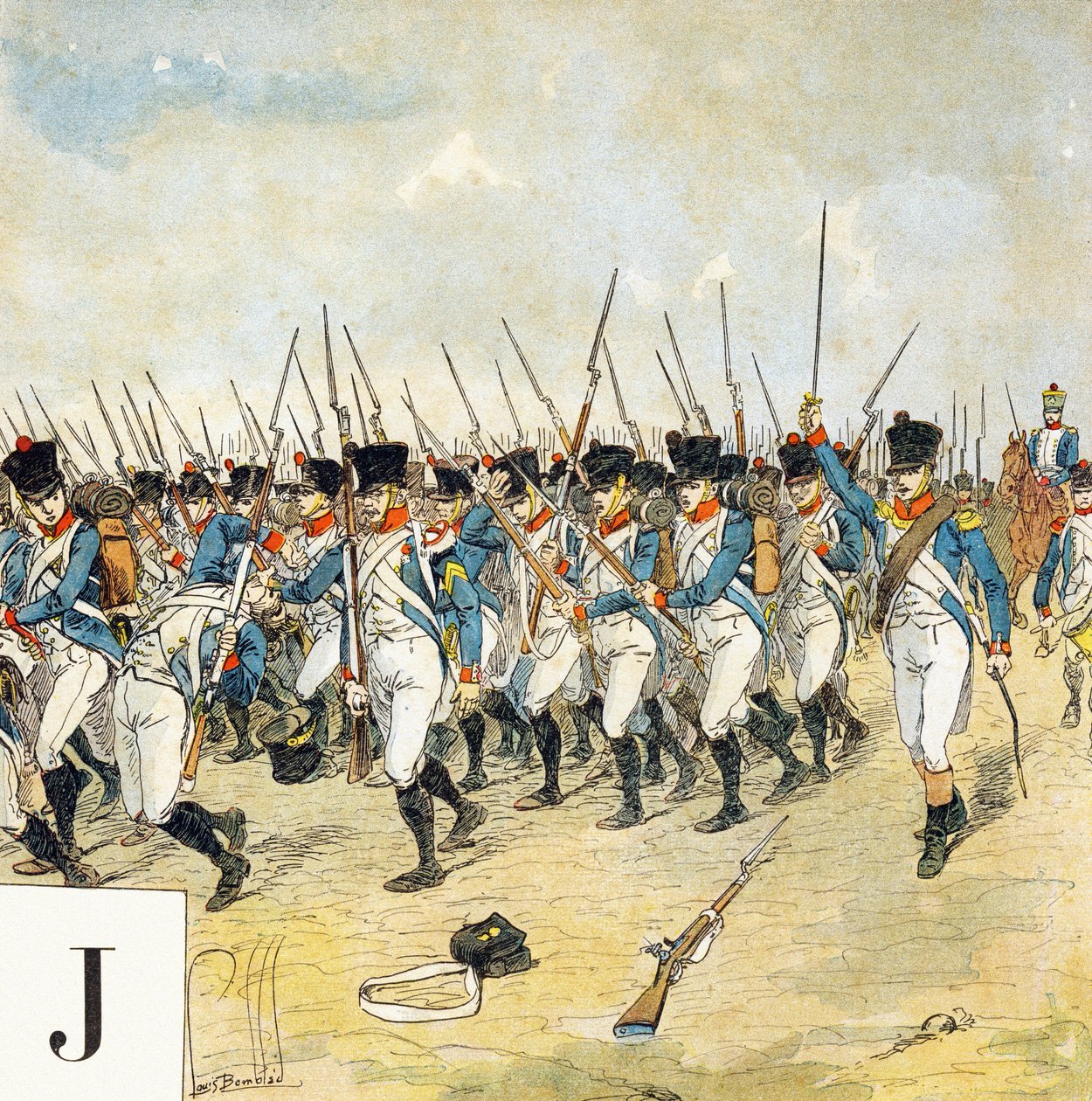 Bokstav J: Ung vakt, "Je serai soldat" (Jeg vil være en soldat) - Militært alfabet av Louis Charles Bombled