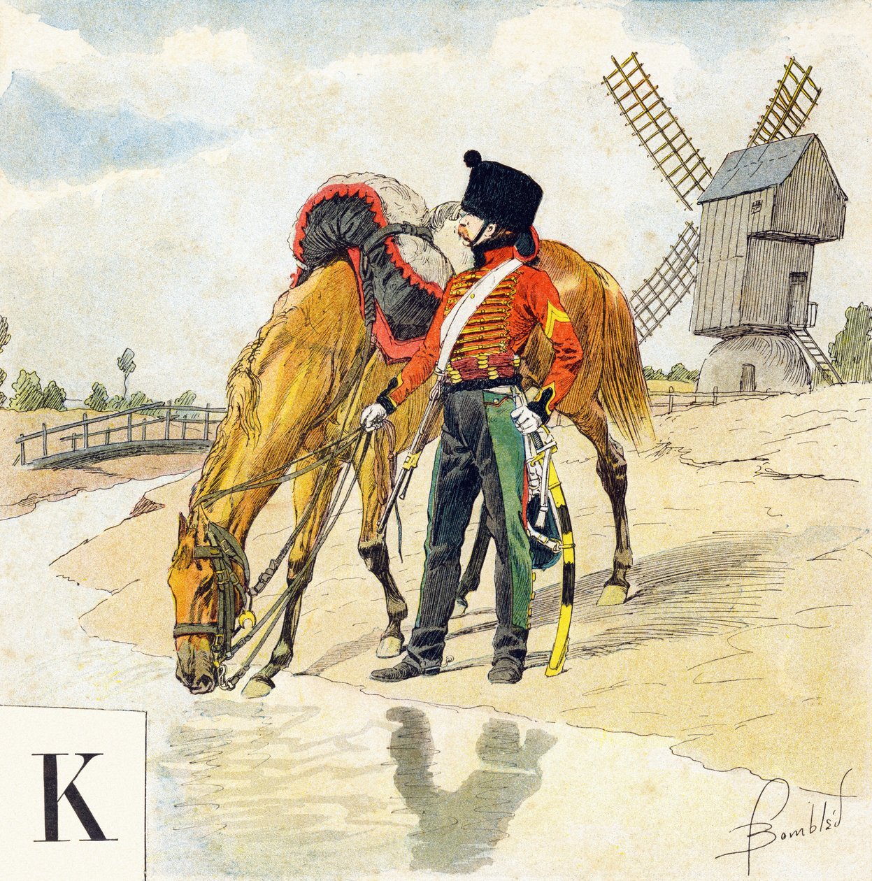 Bokstav K: Kolbach (colback, colbaque), hatt til de franske ryttere fra det første og andre imperiet, "Je serai soldat" (Jeg vil være en soldat) - Militæralfabet av Louis Charles Bombled