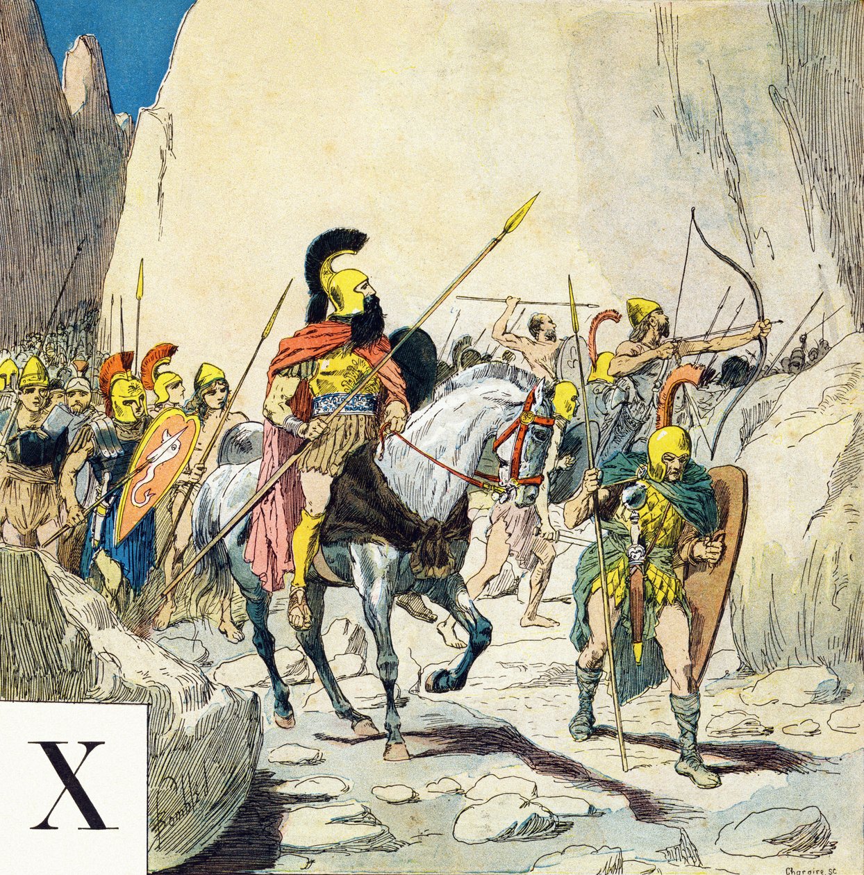 Bokstav X: Xenophon (430-355 f.Kr.), gresk militærleder, og hans hær, "Je serai soldat" (Jeg vil være en soldat) - Militært alfabet av Louis Charles Bombled