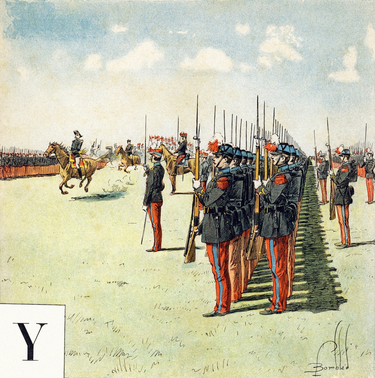 Bokstav Y: elever ved militærskolen til Saint Cyr (Saint-Cyr), "Je serai soldat" (Jeg vil være en soldat) - Militært alfabet av Louis Charles Bombled