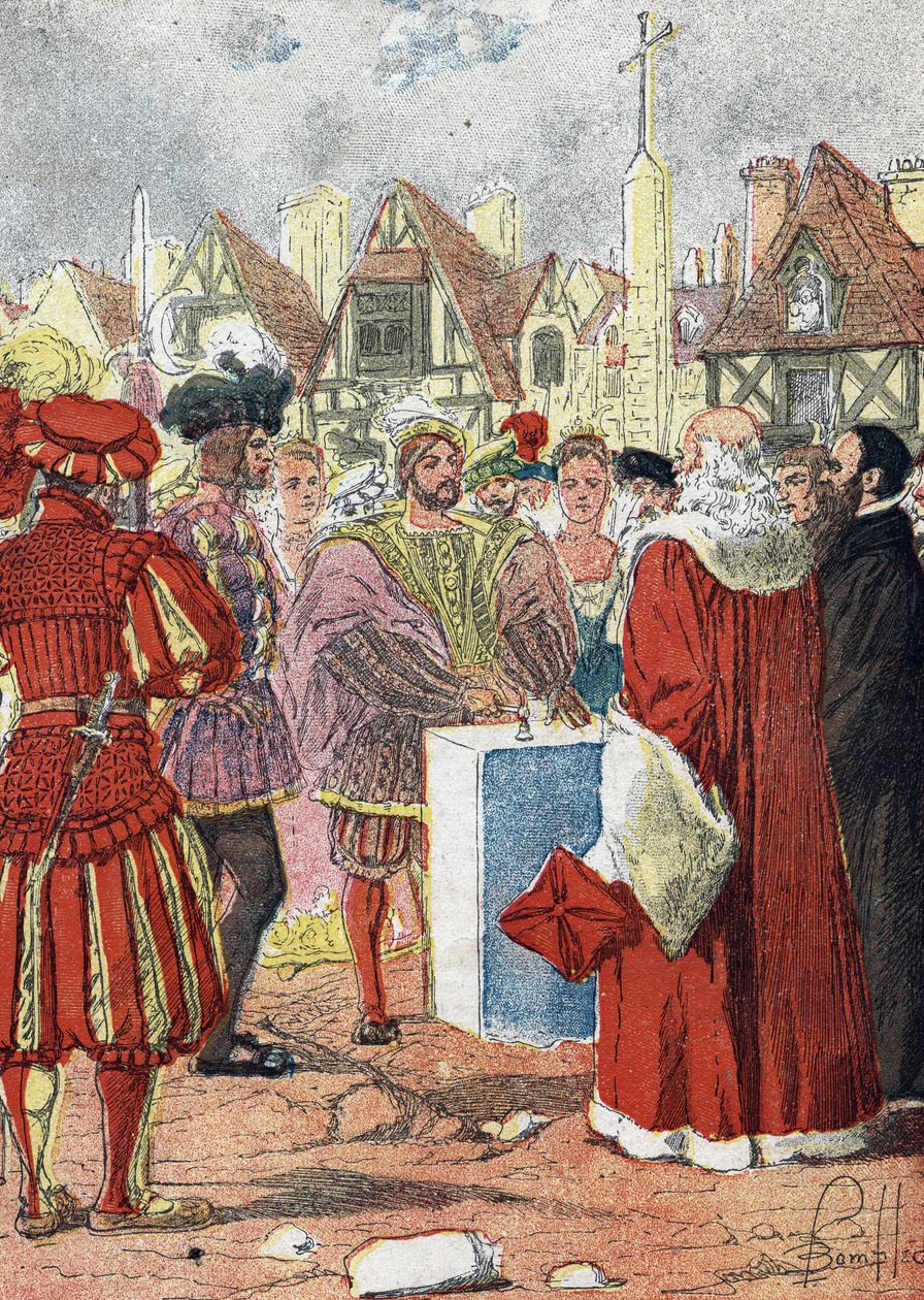 Posering av kongen av Frankrike Francois I av den første steinen til Hotel de Ville de paris tegnet av den italienske arkitekten Boccador av Louis Charles Bombled