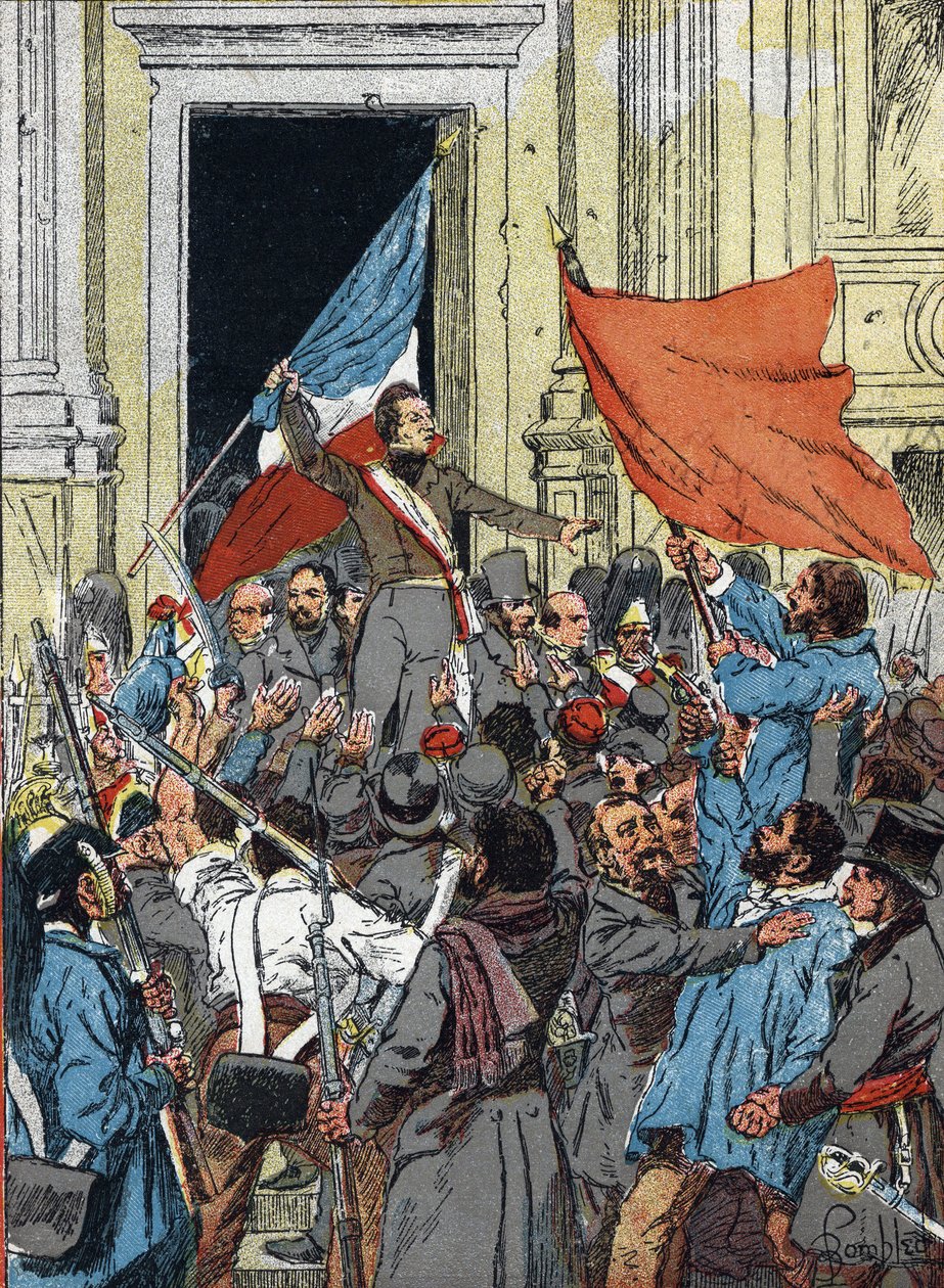 Proklamasjon av den andre republikken, revolusjonen av 1848: Alphonse de Lamartine (1790-1869), nektet det røde flagget som republikkens emblem og foretrakk det tricolor flagget, under en tale i rådhuset i Paris, 25. februar av Louis Charles Bombled