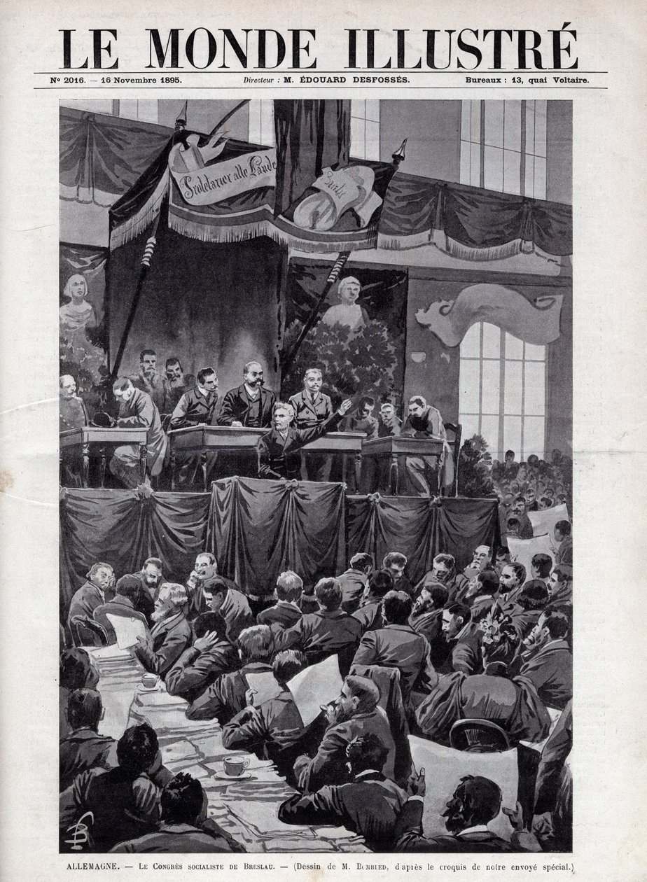 Tale av August Bebel (1840-1913) under den sosialistiske kongressen i Breslau i TYSKLAND i 1895 - Gravering i "The Illustrous World" fra 1895 - Tegning av Bombled. av Louis Charles Bombled