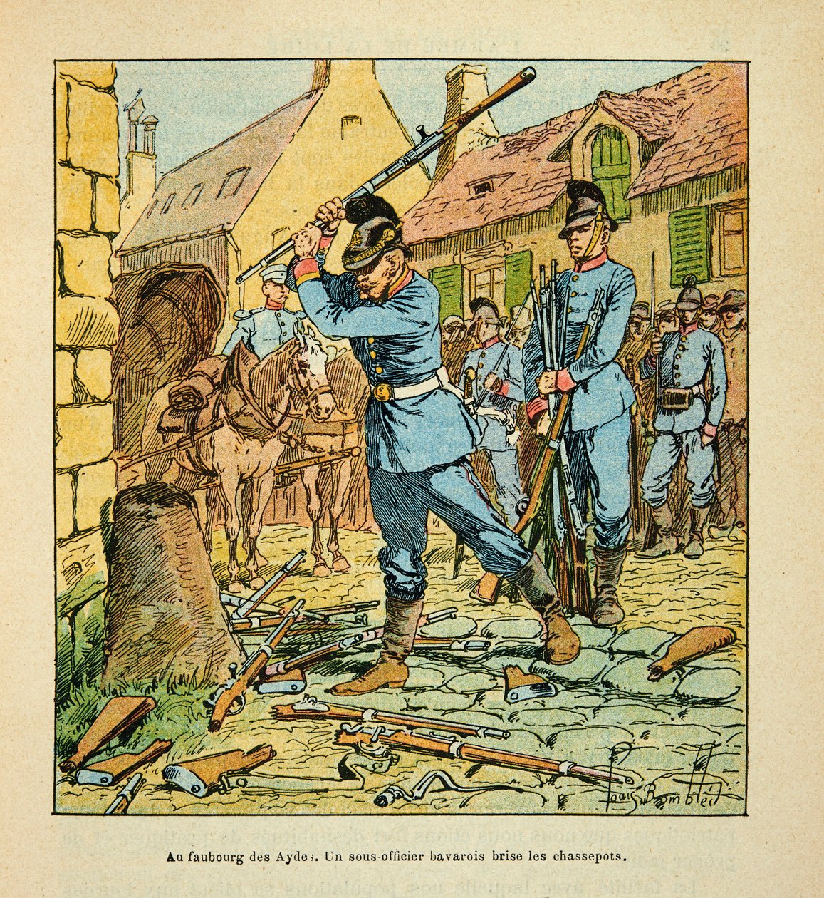Armee de la Loire av Eugene Sergent, kjent som Grenest, illustrert av Louis Bombled (1862-1927) (fransk-tyske krig; kampanje 1870-1871): Etter erobringen av byen Orleans i oktober 1870, en bayersk underoffiser knuste jegerne. (rifler igjen av Louis Charles Bombled