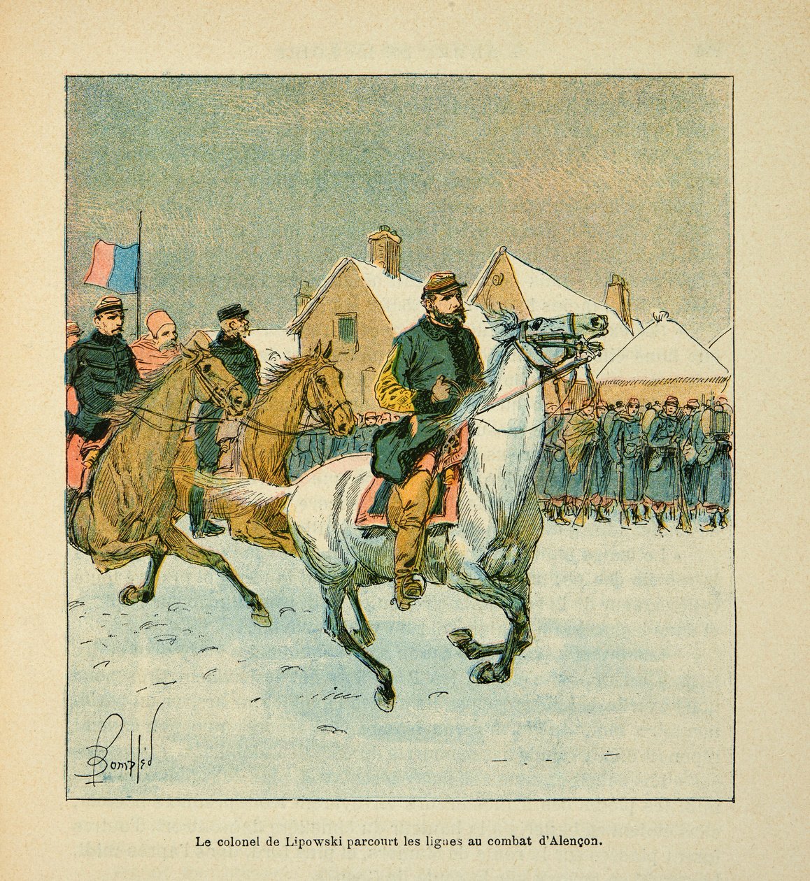 The Armee of the Loire av Eugene Sergeant, dit Grenest, illustrert av Louis Bombled (1862-1927) (fransk-tyske krig; kampanje 1870-1871): Oberst Lipowski reiser Alencons kamplinjer i januar 1871, privat samling av Louis Charles Bombled