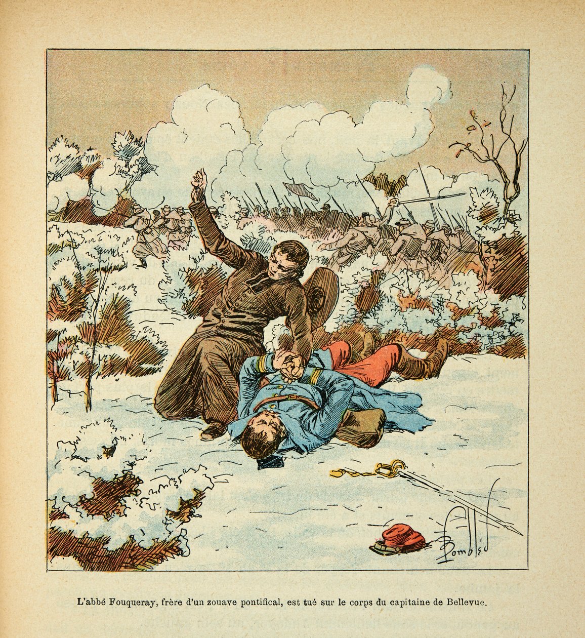 The Armee of the Loire av Eugene Sergeant, dit Grenest, illustrert av Louis Bombled (1862-1927) (fransk-tyske krig; kampanje 1870 -1871): Abbe Fouqueray, bror til en pavelig Zouave, blir drept på liket av kaptein Bellevue, privat samling av Louis Charles Bombled