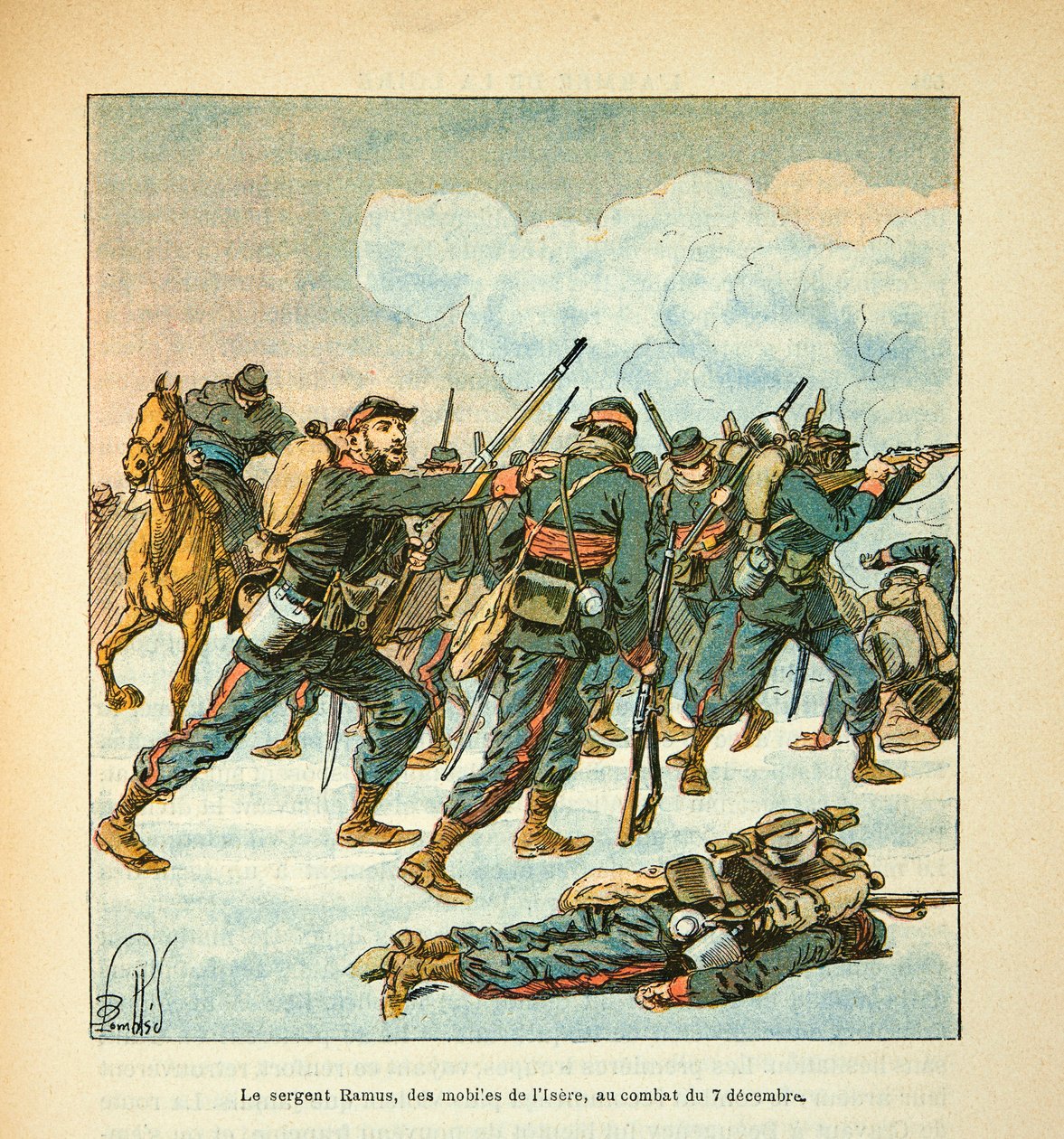 The Armee of the Loire av Eugene Sergeant, kjent som Grenest, illustrert av Louis Bombled (1862-1927) (fransk-tyske krig; kampanje 1870 -1871): Sersjant Ramus fra mobilen til Isere i slaget 7. desember av Louis Charles Bombled