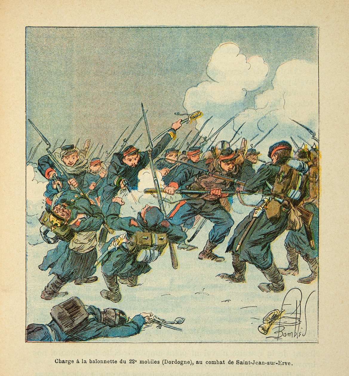 The Armee of the Loire av Eugene Sergeant, kjent som Grenest, illustrert av Louis Bombled (1862-1927) (den fransk-tyske krigen; kampanje 1870 -1871): ladning til baionetten til den 22. mobilen (Dordogne) i slaget ved Saint Jean sur Evre i januar 1871, P av Louis Charles Bombled