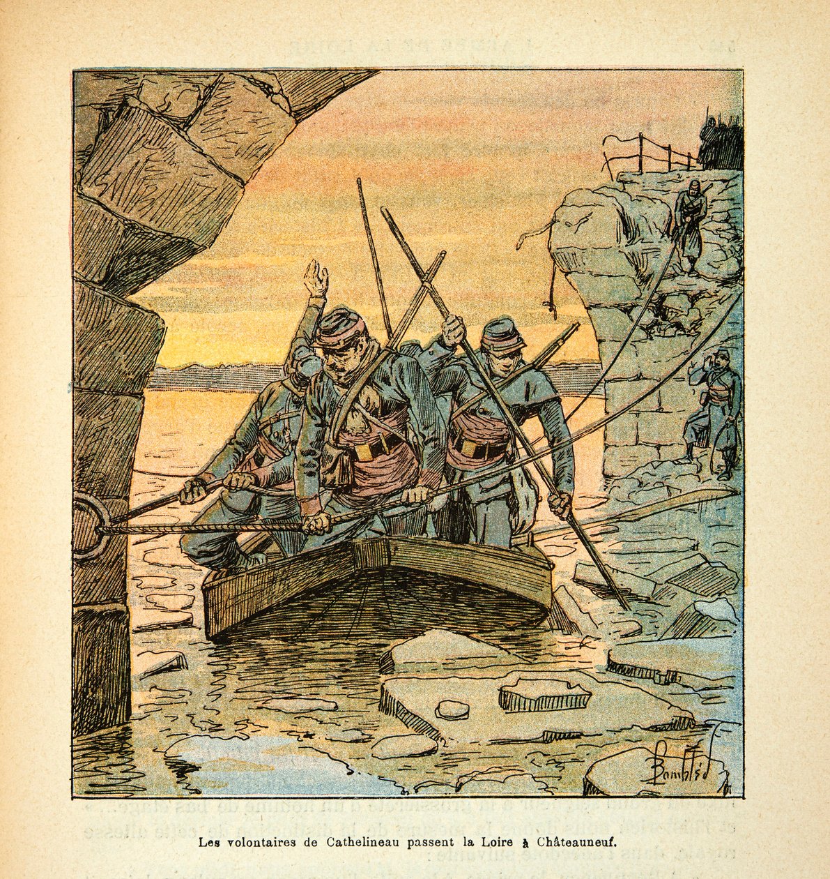 The Armee of the Loire av Eugene Sergent, dit Grenest, illustrert av Louis Bombled (1862-1927) (fransk-tyske krig; kampanje 1870-1871): General Cathelineau, sjef for de fransk-tyske skytterne i Vendee, passerte Loire til Chateauneuf i desember av Louis Charles Bombled