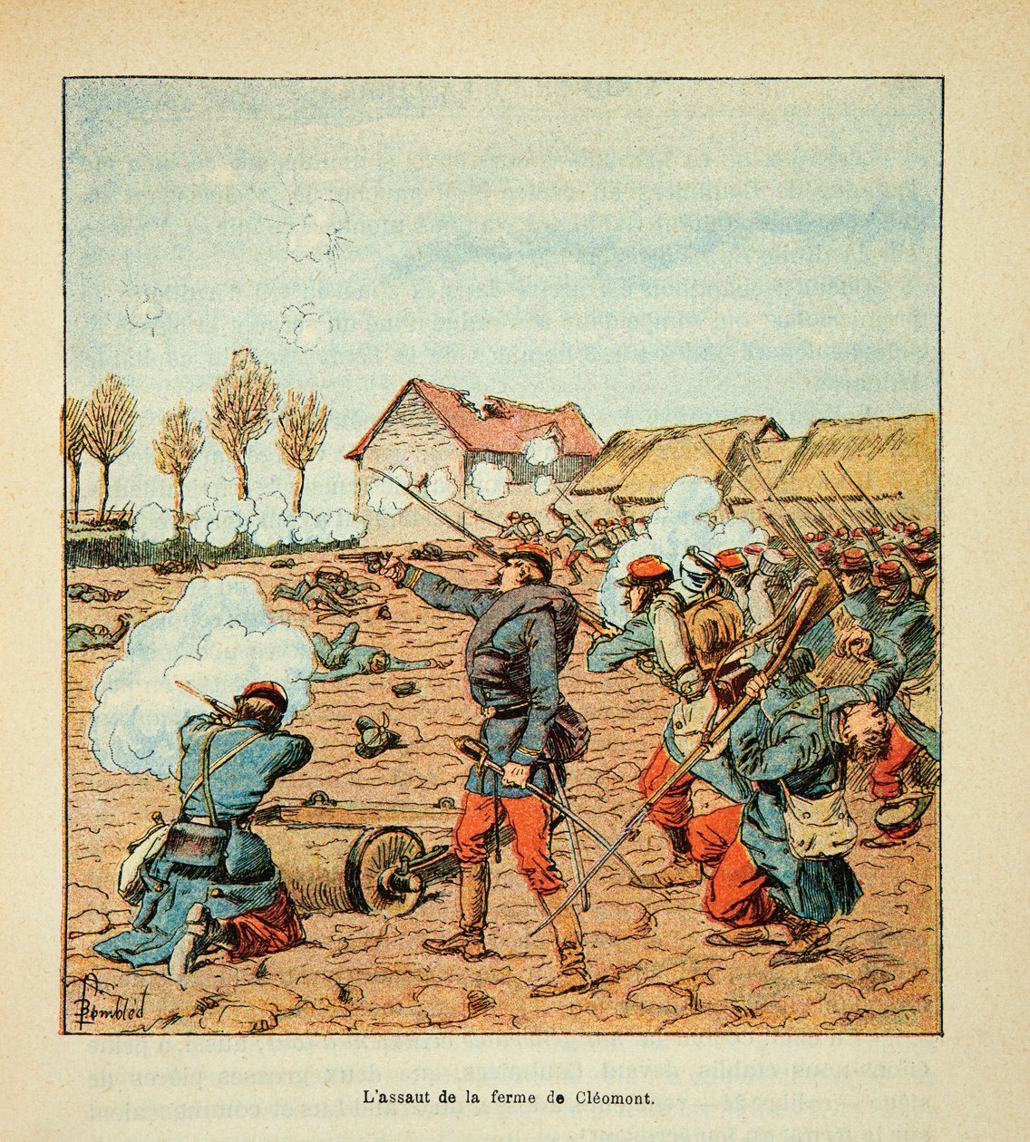 The Armee of the Loire av Eugene Sergent, dit Grenest, illustrert av Louis Bombled (1862-1927) (fransk-tyske krig; kampanje 1870 -1871): Slaget ved Coulmiers 9. november 1870, franskmennenes angrep ved Cleomont Gård, privat samling av Louis Charles Bombled