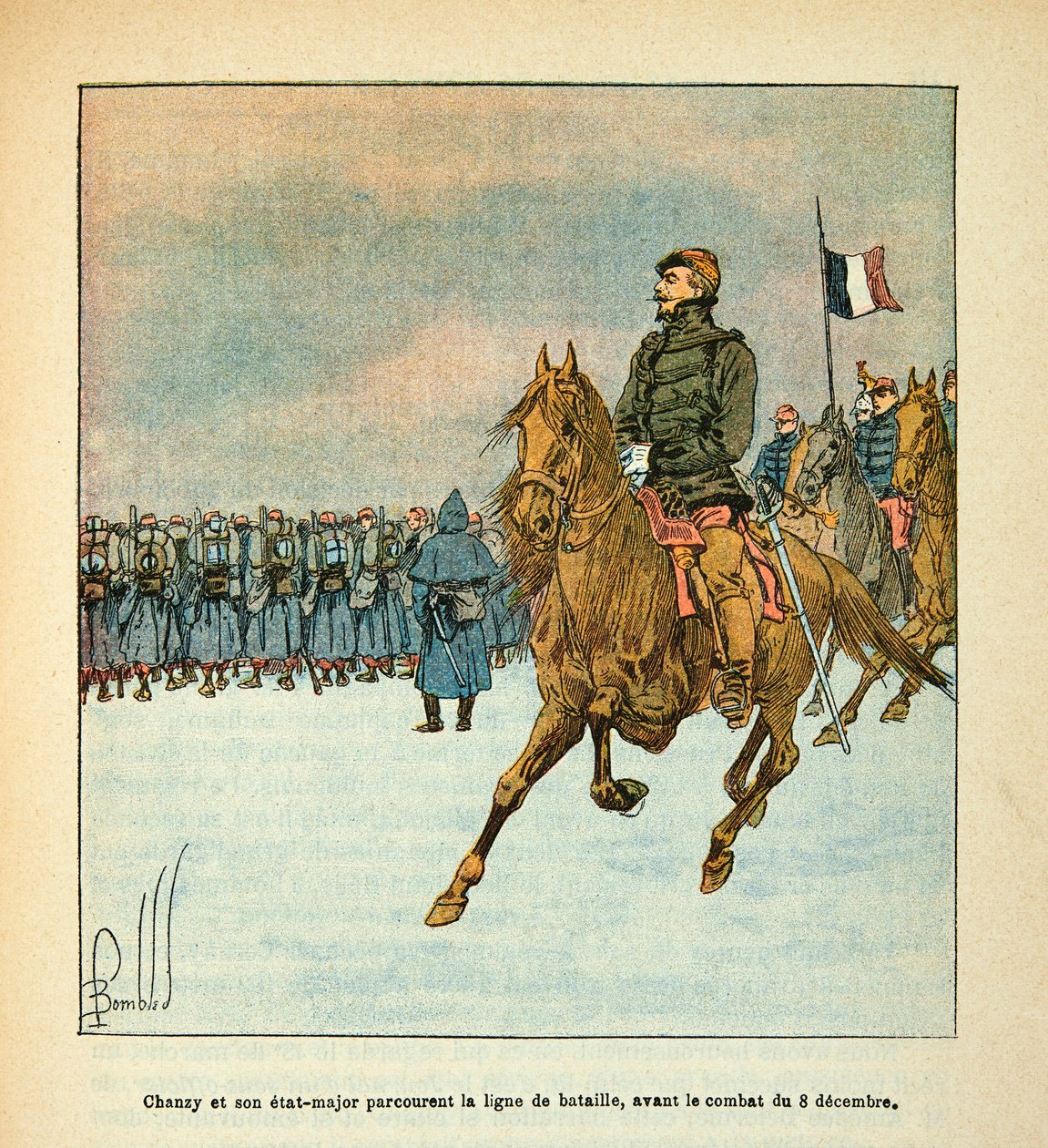 The Armee of the Loire av Eugene Sergent, kjent som Grenest, illustrert av Louis Bombled (1862-1927) (fransk-tyske krig; kampanje 1870-1871): General Chanzy og hans stab reiser slaglinjen før kampene 8. desember 1870, Privat samling av Louis Charles Bombled