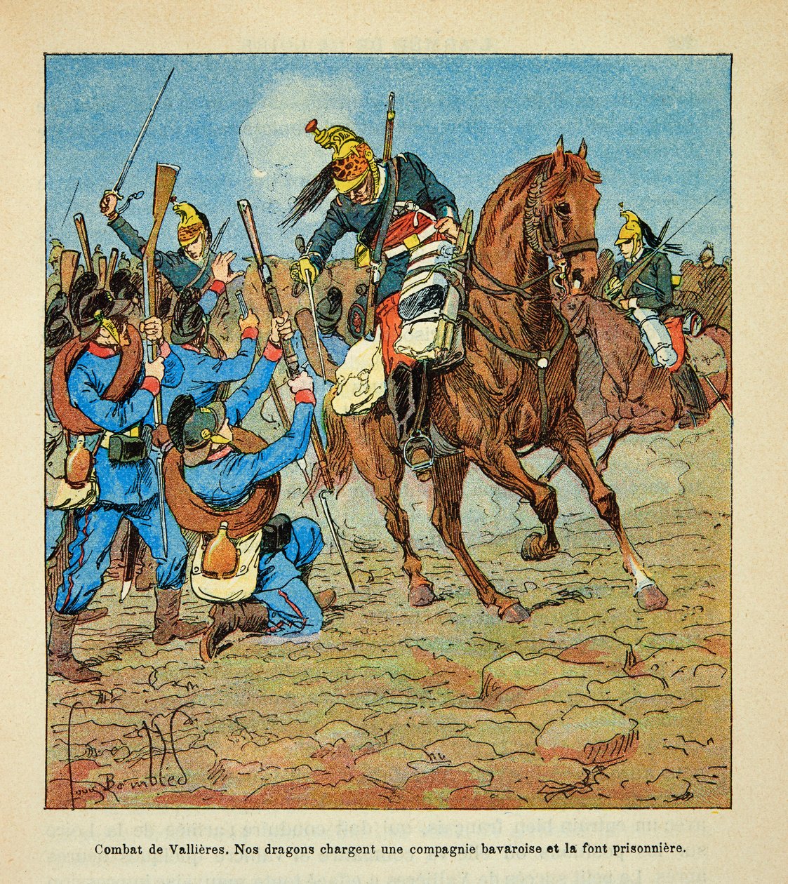 The Armee of the Loire av Eugene Sergent, kjent som Grenest, illustrert av Louis Bombled (1862-1927) (fransk-tyske krig; kampanje 1870 -1871): Slaget ved Vallieres i november 1870 anklager franske drager et bayersk selskap og gjør it-fange, menig C av Louis Charles Bombled
