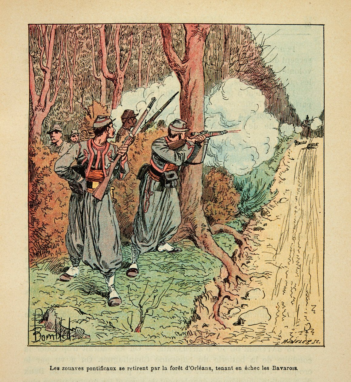 The Armee of the Loire av Eugene Sergent, kjent som Grenest, illustrert av Louis Bombled (1862-1927) (fransk-tyske krig; kampanje fra 1870-1871): War of Orleans, de pavelige zouavene trakk seg tilbake gjennom skogen i Orleans og holdt Bayern i sjakk på av Louis Charles Bombled