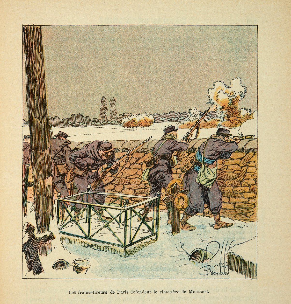 The Armee of the Loire av Eugene Sergent, kjent som Grenest, illustrert av Louis Bombled (1862-1927) (fransk-tyske krig; kampanje 1870 -1871): De franske skytterne i Paris forsvarer kirkegården i Montsort (Alencon) i januar 1871, Privat samling av Louis Charles Bombled