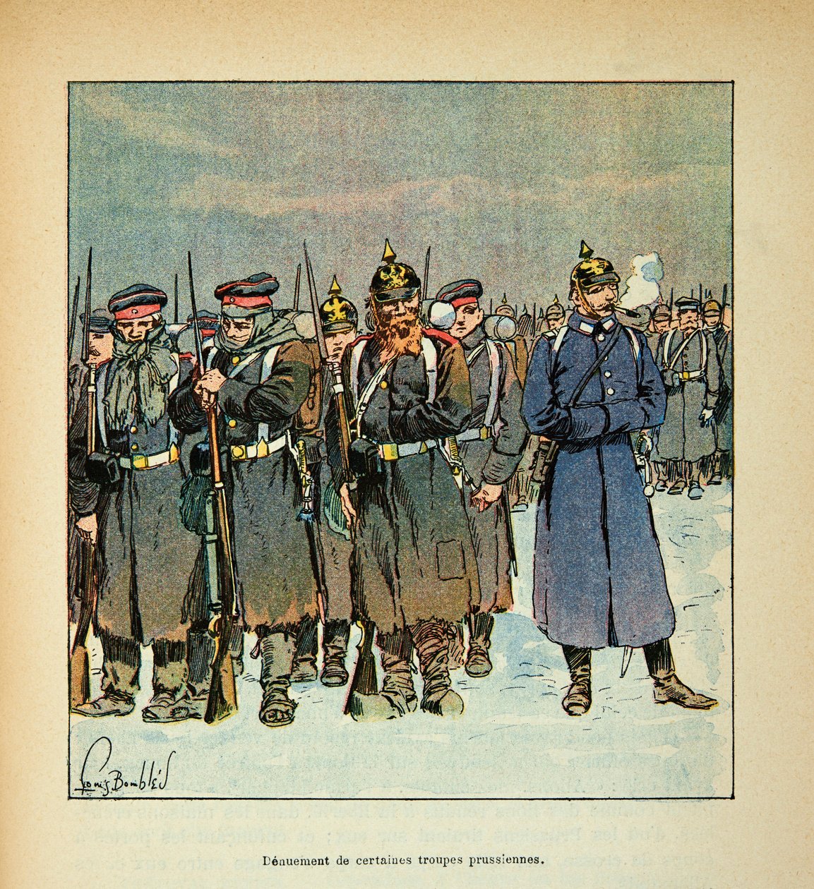 The Armee of the Loire av Eugene Sergent, kjent som Grenest, illustrert av Louis Bombled (1862-1927) (fransk-tyske krig; kampanje 1870 -1871): Denuering av noen prøyssiske tropper i 1870, privat samling av Louis Charles Bombled