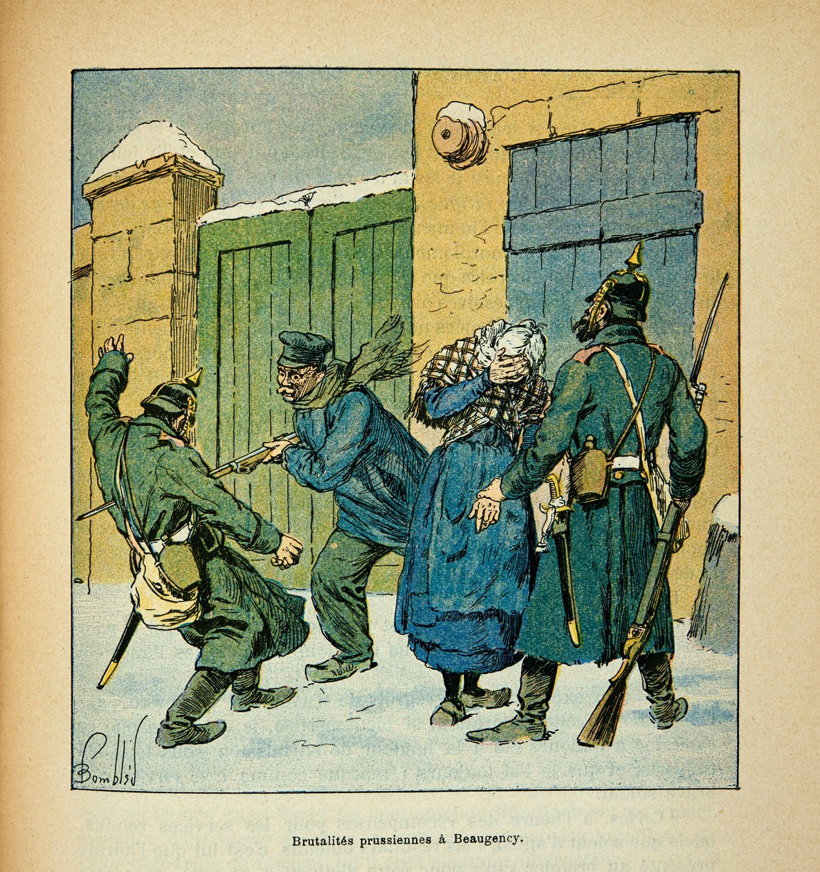 The Armee of the Loire av Eugene Sergent, kjent som Grenest, illustrert av Louis Bombled (1862-1927) (fransk-tyske krig; kampanje 1870-1871): I Beaugency forsvarer innbyggerne seg mot de prøyssiske brutalitetene i desember 1870, privat Collec av Louis Charles Bombled